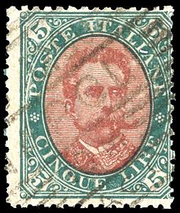 1889 - 5 lire verde e carminio Umberto I ... 