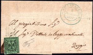 1857 - 5 cent. verde oliva (8), perfetto, su ... 