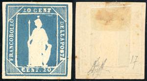 1862 - Saggi Thermignon, 20 cent. azzurro ... 