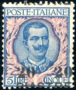 COSTANTINOPOLI 1908 - 20 pi. su 5 lire, III ... 
