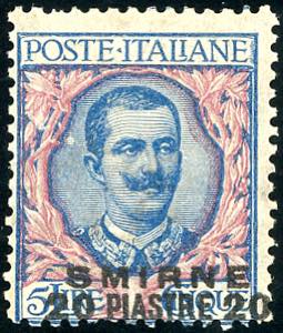 SMIRNE 1909 - 20 pi. su 5 lire, soprastampa ... 