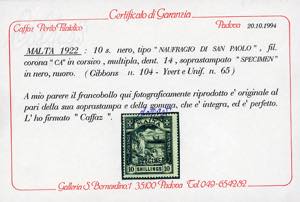 MALTA 1922 - 10 s. Naufragio di ... 