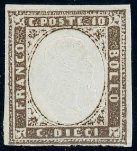 1858 - 10 cent. terra dombra (14), gomma ... 