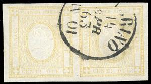 1862 - 2 cent. giallo chiaro (10d), coppia, ... 
