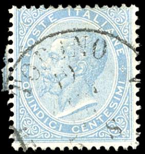 1863 - 15 cent. celeste chiaro, De La Rue, ... 