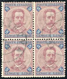 1891 - 5 lire carminio e azzurro Umberto I ... 