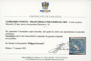 1854 - 3 cent. azzurro Mercurio, ... 