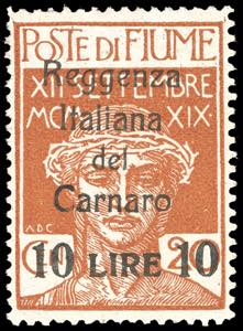 FIUME 1920 - 10 lire su 20 cent. Reggenza ... 
