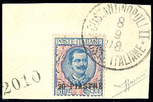 COSTANTINOPOLI 1908 - 20 piastre su 5 lire, ... 