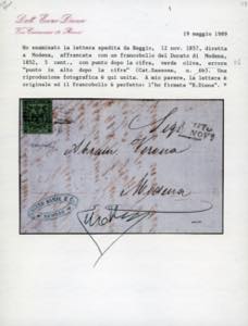 1857 - 5 cent. verde oliva, errore ... 