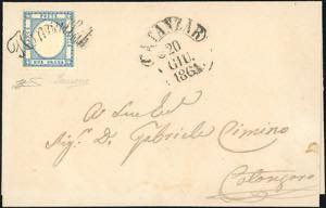 1861 - 2 grana azzurro (20), perfetto, su ... 