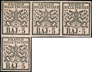 1852 - 5 baj rosa chiaro (6), striscia di ... 