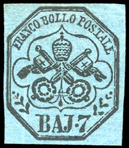 1852 - 7 baj azzurro (8), gomma originale ... 