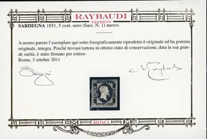 1851 - 5 cent. nero (1), gomma ... 