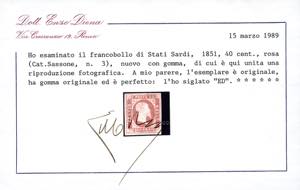 1851 - 40 cent. rosa (3), nuovo, ... 