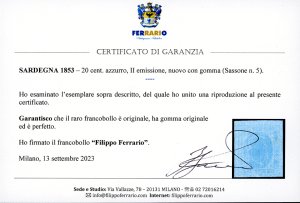 1853 - 20 cent. azzurro (5), gomma ... 