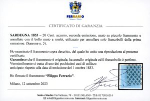 1853 - 20 cent. azzurro, seconda ... 