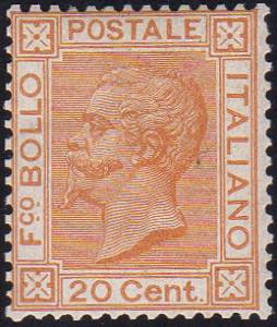 1877 - 20 cent. ocra arancio (28), discreta ... 
