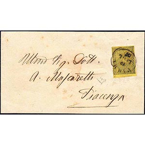1857 - 5 cent. giallo (1), bordo di foglio, ... 