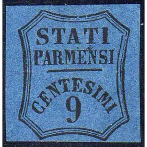1853 - 9 cent. azzurro (2), gomma originale, ... 