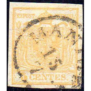1850 - 5 cent. giallo ocra, con frammenti di ... 