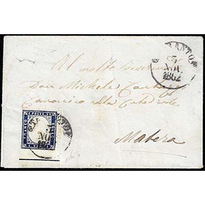 1862 - 20 cent. indaco, bordo integrale di ... 