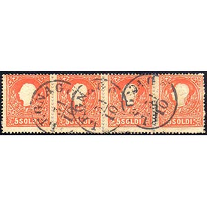 1859 - 5 soldi rosso, II tipo (30), striscia ... 