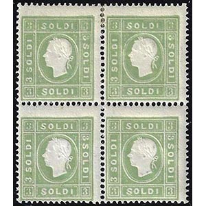 1862 - 3 soldi verde giallo (35), blocco di ... 