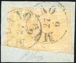 1850 - 5 cent. giallo ocra (1), tre ... 