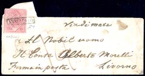 1859 - 20 grana carminio, falso per posta ... 