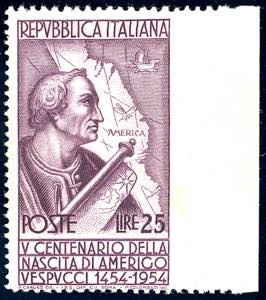 1954 - 25 lire Vespucci, non dentellato a ... 