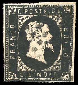 1851 - 5 cent. nero intenso (1b), usato, ... 