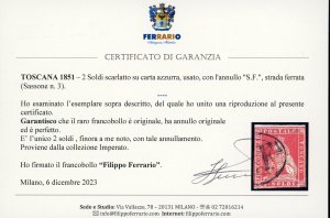 1851 - 2 soldi scarlatto su carta ... 