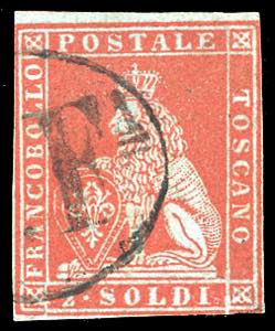 1851 - 2 soldi scarlatto su carta azzurra ... 