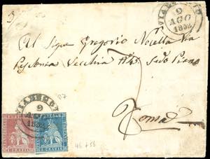 1852 - 1 crazia carminio su azzurro, 2 ... 