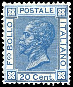 1867 - 20 cent. azzurro scuro, tiratura di ... 