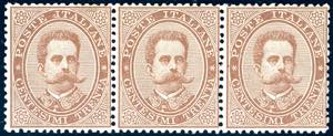 1879 - 30 cent. bruno (41), striscia di tre ... 