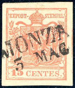 1852 - 15 cent. rosso salmone, III tipo, ... 