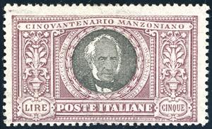 1923 - 5 lire Manzoni (156), gomma originale ... 