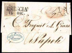 1851 - 30 cent. bruno, I tipo, carta a mano ... 