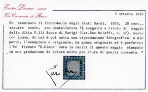 1862 - 20 cent. azzurro, prova di ... 