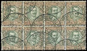 1910 - 10 lire Floreale (91), blocco di otto ... 