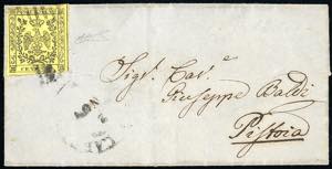 1858 - 15 cent. giallo (3), ottimo stato, su ... 