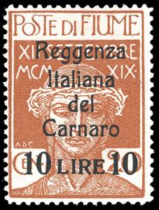 FIUME 1920 - 10 lire su 20 cent. Reggenza ... 