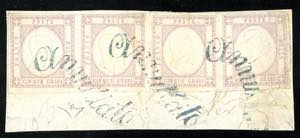 1861 - 5 grana lilla (21c), striscia di ... 