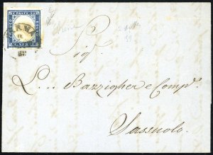 1859 - 20 cent. azzurro (A8), di Sardegna, ... 