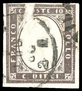 1860 - 10 cent. bruno nerastro, ampia falla ... 