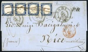 1862 - 20 cent. indaco (15E), striscia di ... 