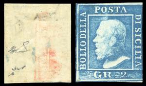 1859 - 2 grana azzurro, III tavola, DECALCO ... 