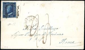 1859 - 10 grana azzurro cupo, ritocco pos. 1 ... 